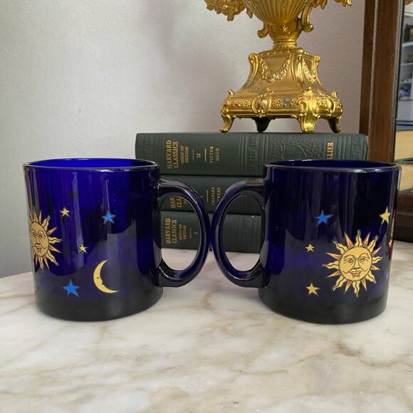 Vintage 90s Whimsigoth Libbey Celestial Sun Moon Stars Cobalt Blue Glass 2 Mugs - Picture 3 of 4